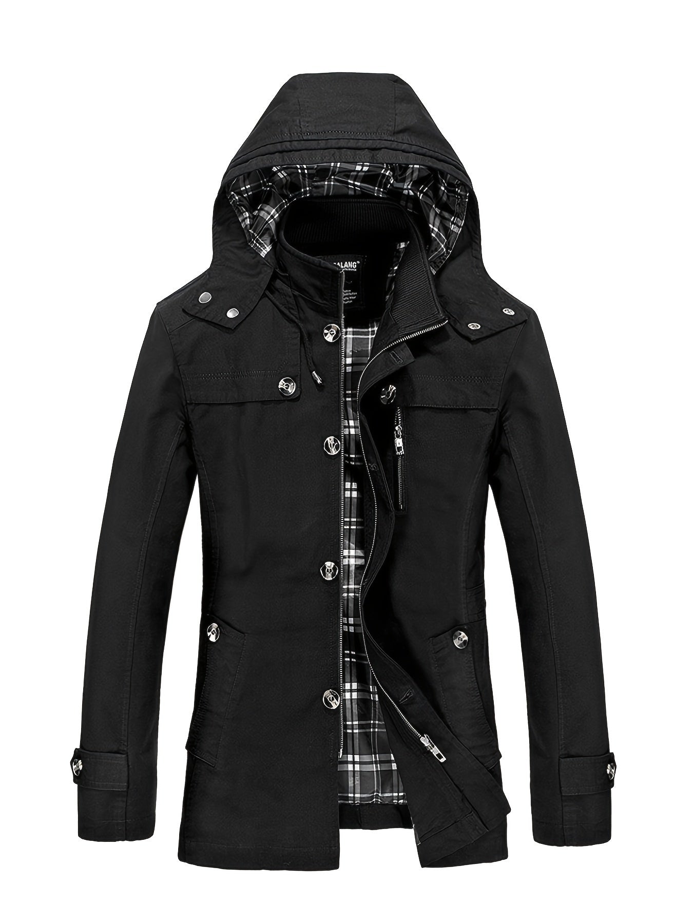1 veste de trench en coton pour homme, mi-longueur, à capuche, avec poches, couleur unie, coupe régulière, tissu tissé, non extensible pour loisirs en plein air au printemps\u002Fautomne