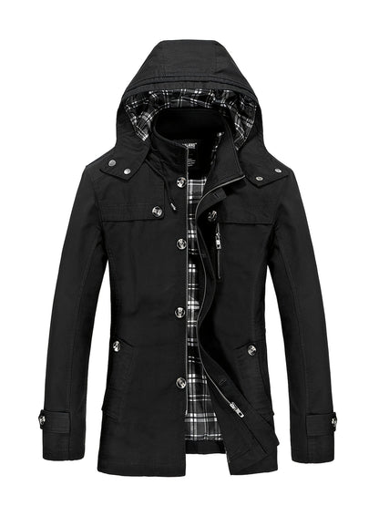 1 veste de trench en coton pour homme, mi-longueur, à capuche, avec poches, couleur unie, coupe régulière, tissu tissé, non extensible pour loisirs en plein air au printemps\u002Fautomne