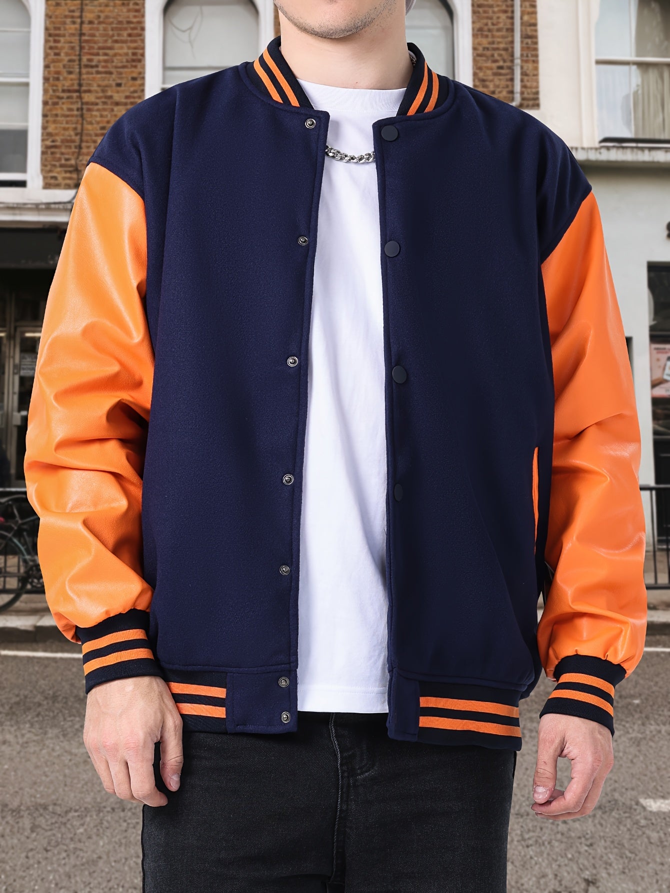 Varsity Baseball Jackets Men's Color Block Bomber Jacket Comfy Stylish Spring and Autumn Coats Casual Breathable Button Up Outerwear with Pockets for Sports